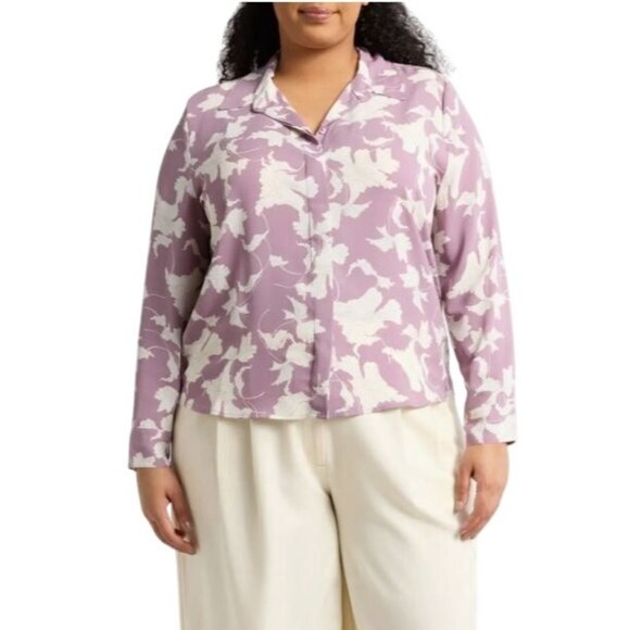 Nordstrom Womens Purple Floral Long Sleeve Crepe Button Up Blouse Plus Sz 3X New - Picture 1 of 7